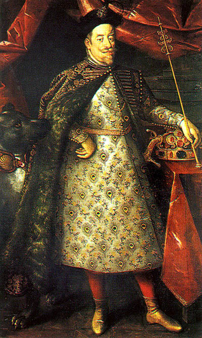 Matthias von Habsburg im Krönungsmantel, mit den Kleinodien der böhmischen Könige