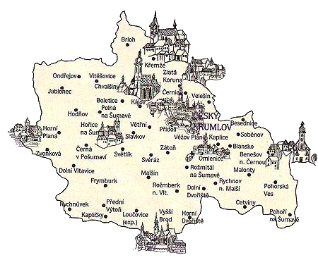 Map of church buildings in the Český Krumlov vicariate 
