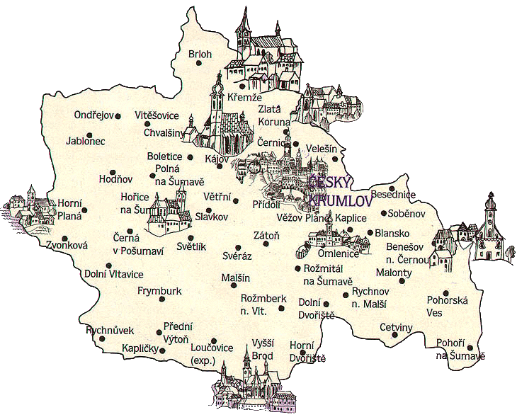 Mapka církevních objektů vikariátu Český Krumlov 