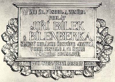 Horní no. 155, Prelatura, memorial plaque of Jiří Bílek from Bílenberk 