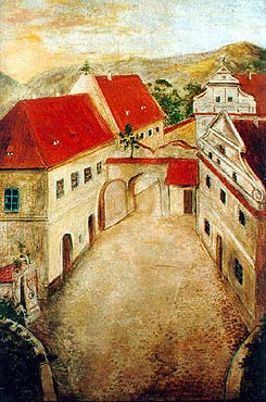 Český Krumlov - Brückenkopf am Obertor, Ölgemälde aus der 1. Hälfte des 19. Jahrhunderts, Sammlungsfonds des Bezirksheimatmuseums in Český Krumlov 