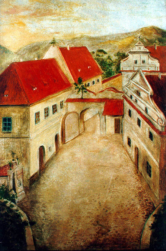 Český Krumlov - bridgehead at Upper Gate, oil painting from early 19th century, collection of Regional Museum of National History in Český Krumlov