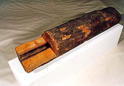 Český Krumlov - part of wooden water pipe from 19th century from Rybářská Street, collection of Regional Museum of National History in Český Krumlov 