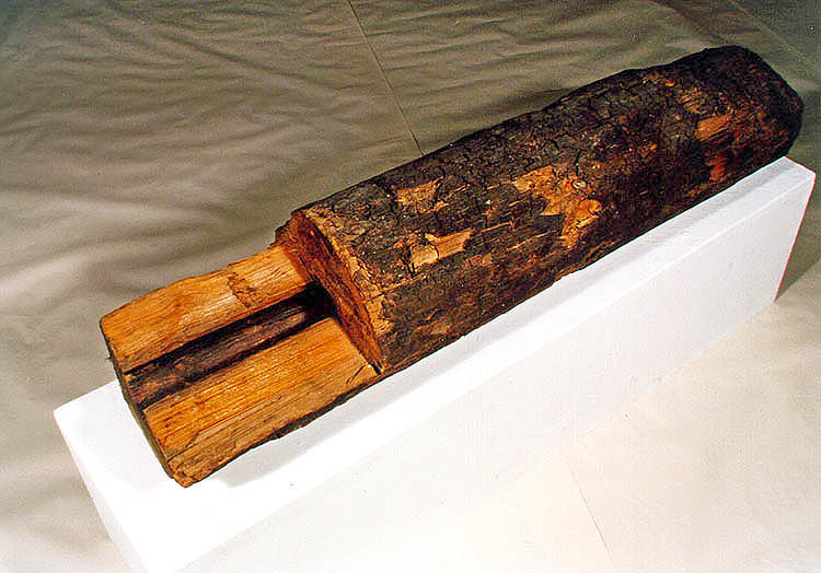 Český Krumlov - part of wooden water pipe from 19th century from Rybářská Street, collection of Regional Museum of National History in Český Krumlov