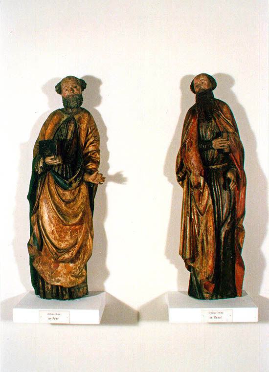 Sv. Petr (vlevo) a Sv. Pavel (vpravo) z kostela ve Svérázu, 15. století, sbírkový fond Okresního vlastivědného muzea v Českém Krumlově