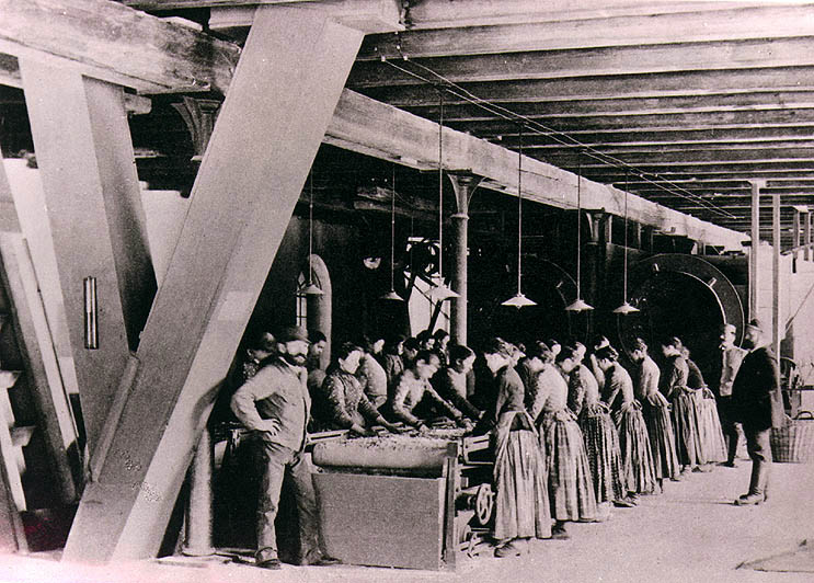Arbeiter im Papierwerk Větřní, ein historisches Foto 