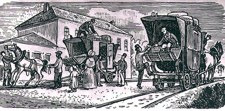 Koněspřežná dráha, dobová ilustrace z 19. století