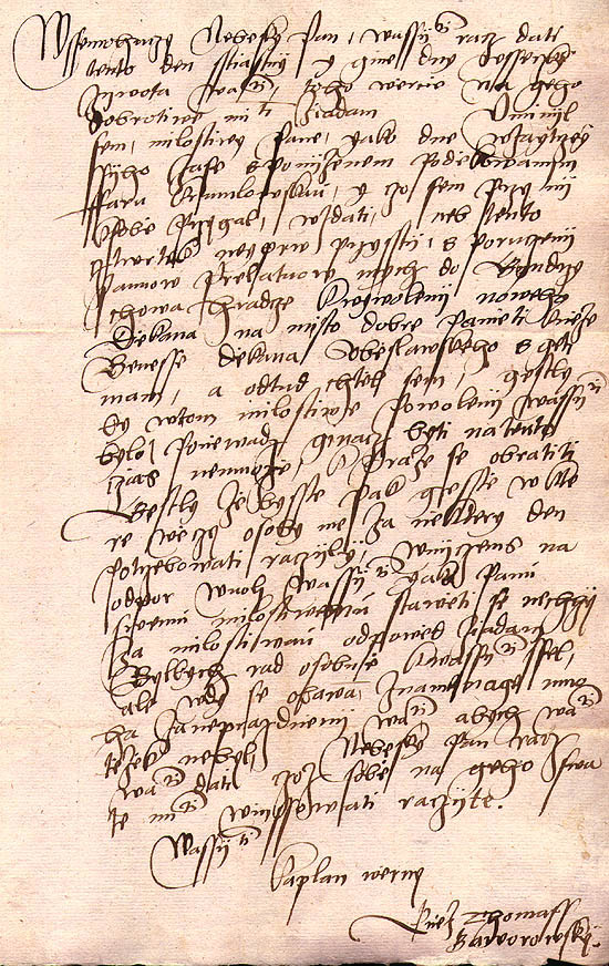 Handwriting of Priest Tomáš Bavorovský from Bavorov