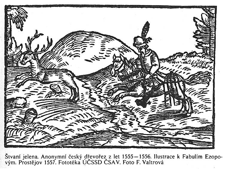 Deer chase, woodcut from 1555