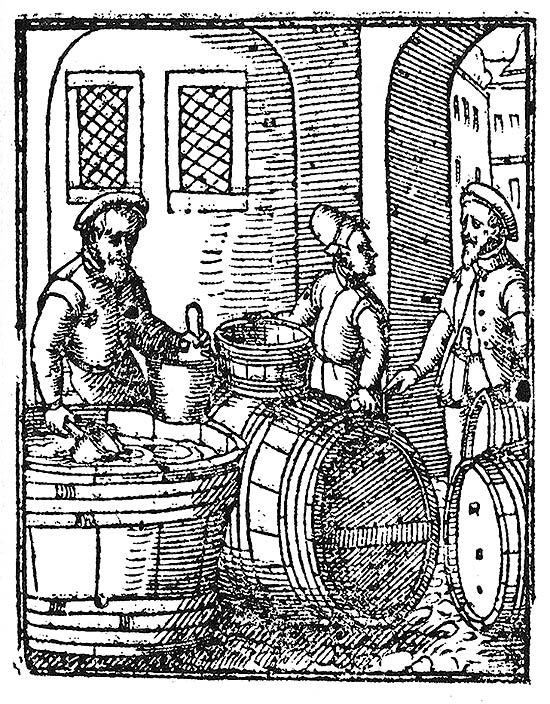 Obchodníci s vínem, dobová ilustrace z roku 1546