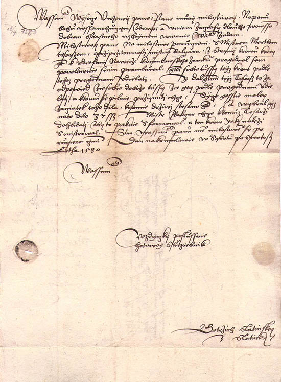 Jetřich Slatinský von Slatinka, ein Dokument mit seiner Unterschrift