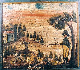 Hunting motives on painted country chest from 19th century, collection of Regional Museum of National History in Český Krumlov 