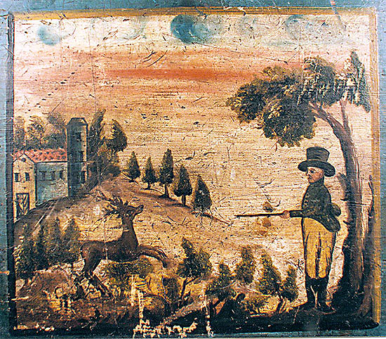 Hunting motives on painted country chest from 19th century, collection of Regional Museum of National History in Český Krumlov