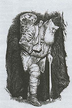 Horník, nosič soli v pravěkých solných dolech v Hallstattu, kresba Jiří Petráček 