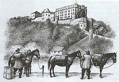 Loading barrels onto pack animals in Passau, reconstruction, drawing Jiří Petráček 