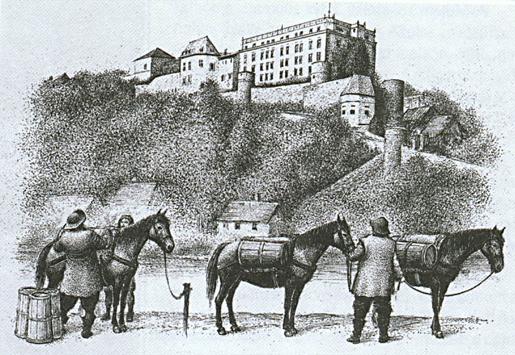 Loading barrels onto pack animals in Passau, reconstruction, drawing Jiří Petráček