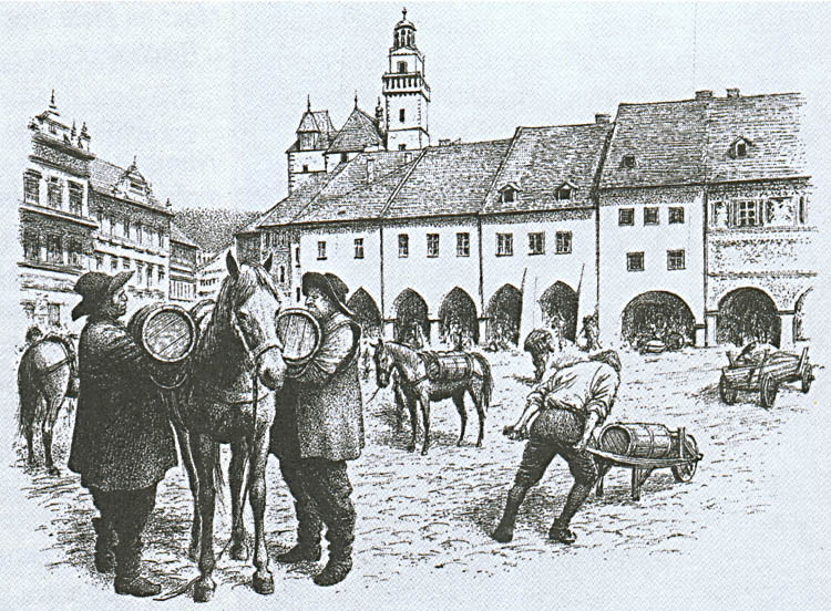 Skládání soli v Prachaticích, rekonstrukce, kresba Jiří Petráček