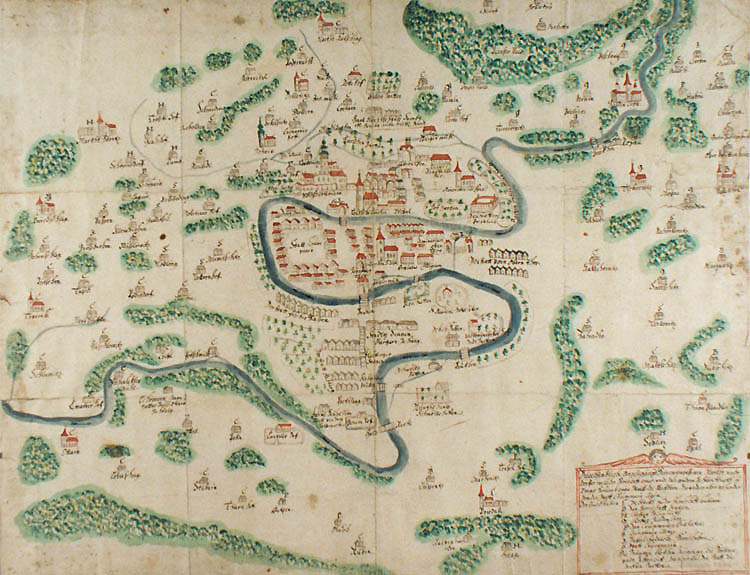 Plán Českého Krumlova, kolorovaná kresba cca 1700, Státní oblastní archiv Třeboň, pobočka Český Krumlov