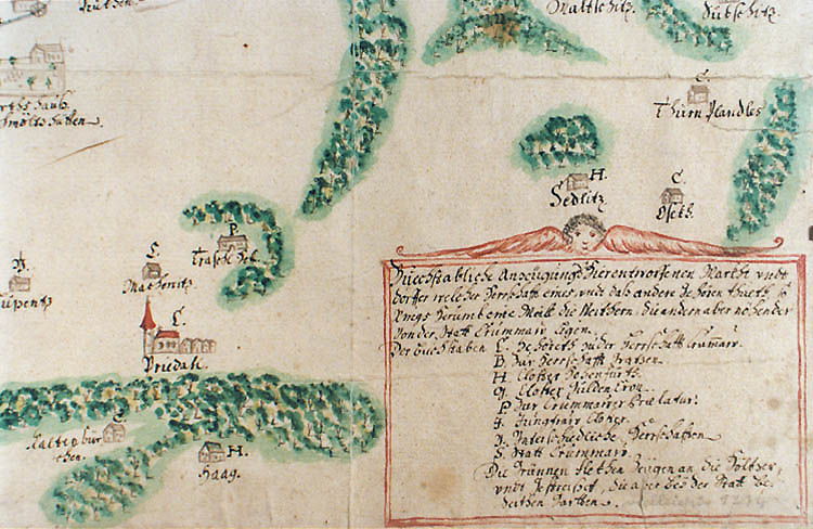 Map of Český Krumlov, colored drawing cca 1700, detail with descriptions, State Regional Archives Třeboň, branch Český Krumlov