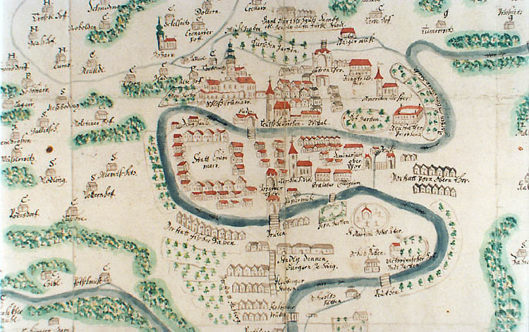 Plan von Český Krumlov, kolorierte Zeichnung ca. 1700, Detail mit der Ansicht des historischen Stadtkerns, Staatliches regionales Archiv Třeboň, Filiale Český Krumlov.