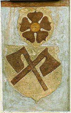 Horní Nr. 153, Detail der Hauptstirnseite, Wappen der Fleischerzunft 