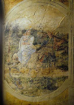 Hrad Rožmberk nad Vltavou, Rožmberská hradní kaple, nástěnná malba z 16. století, Panna Marie s Ježíškem a Josefem, foto: Lubor Mrázek 