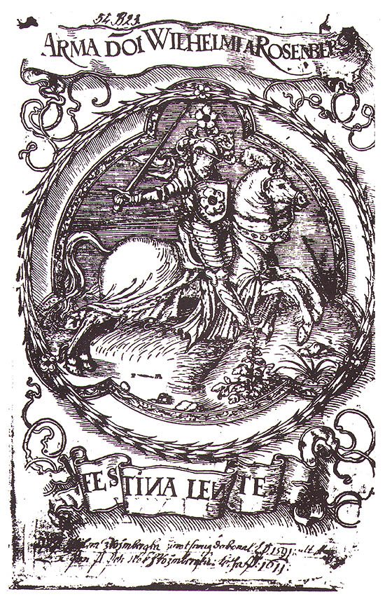 Ex libris Viléma z Rožmberka s rožmberským jezdcem a Vilémovým krédem 