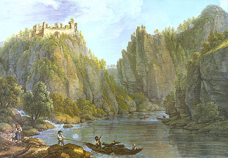 Ruine der Burg Dívčí Kámen, Ferdinand Runk, Anfang des 19. Jahrhunderts