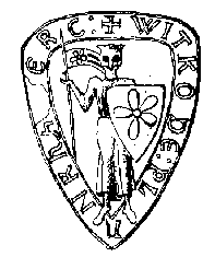 Kresba pečeti Vítka z Prčice s pětilistou růží na praporci a štítu zbrojnoše 