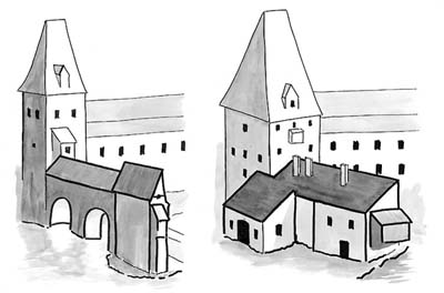 Outer Kájovská Gate - Development of terrain and buildings in front of the gate in 18th and 19th century. Re-drawn details from pictures by B. Wemer and FL. Maschek 