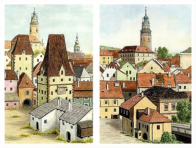 Kájovská Gates - Reconstruction of appearance before 1841 compared with apearance in 1998. Author: V. Codl 