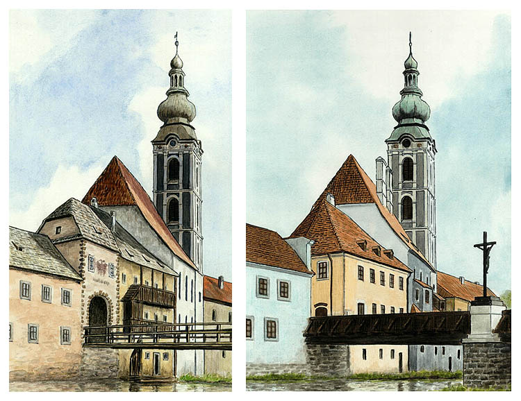 Vnitřní Latránská brána a kostel sv. Jošta v 70. letech 18 století ve srovnání se stavem v r. 1998. Autor: V. Codl