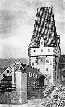 Kájovská brána vnější (das äußere Gojauer Tor) nach dem Jahre 1842. Autor: V. Codl 
