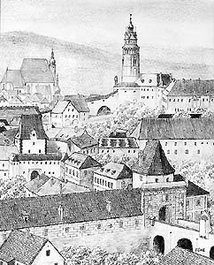 Pohled na město a zámek - 1. pol. 19. stol. V popředí Budějovická a vnější Latránská brána. Autor: V. Codl 