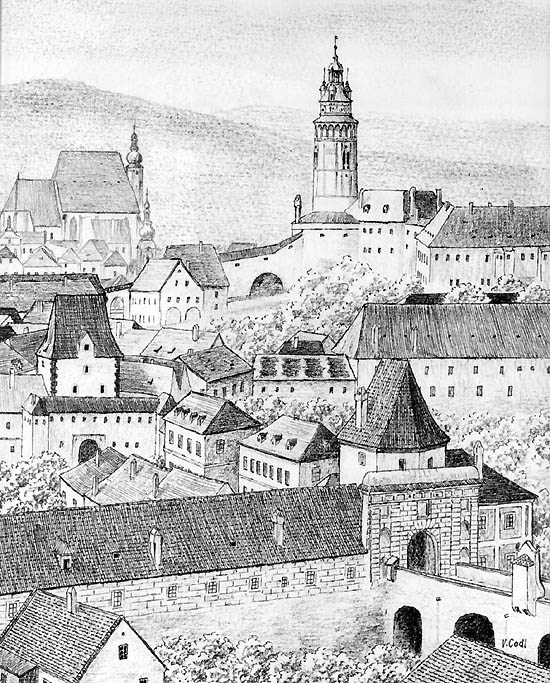 Pohled na město a zámek - 1. pol. 19. stol. V popředí Budějovická a vnější Latránská brána. Autor: V. Codl