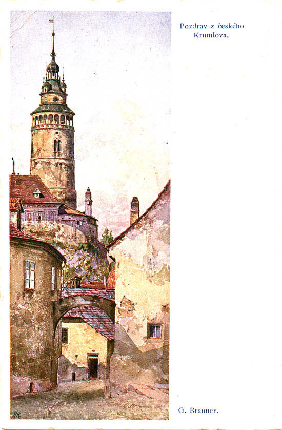 Historická pohlednice s obrazem G. Braunera, 1913, sbírkový fond Okresního vlastivědného muzea Český Krumlov