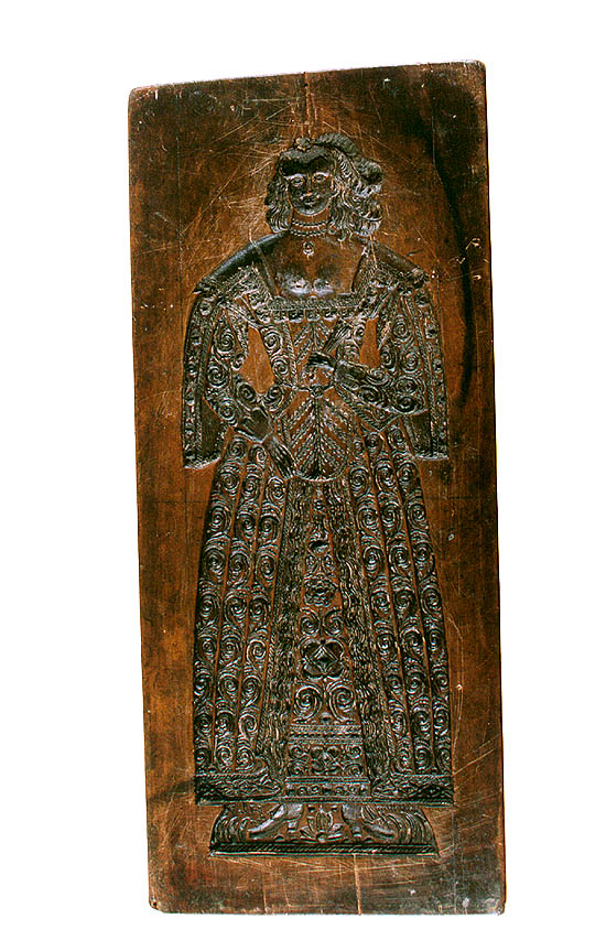 Die älteste erhaltene Lebkuchenform (beiderseitig) aus dem Jahre 1645, auf der Kehrseite die Gestalt einer Dame, Sammlungsfonds des Bezirksheimatmuseums Český Krumlov