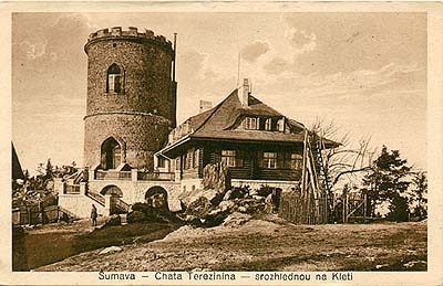 Kleť Mountain, cottage with lookout tower on the mountaintop, historical photo, foto: Wolf 