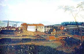 Pohled na Jelení zahradu a zámek od severu zachycuje podobu zahrady po zrušení Zámeckého rybníka během třicetileté války, okolo 1740, Zámek Č. Krumlov, autor: Horner 