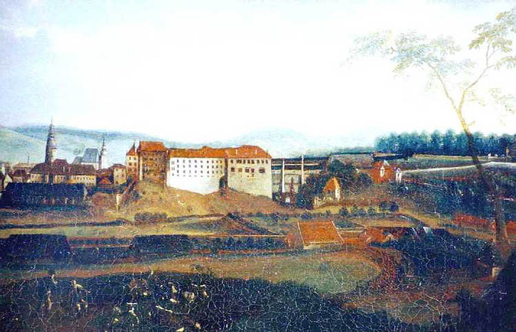 Pohled na Jelení zahradu a zámek od severu zachycuje podobu zahrady po zrušení Zámeckého rybníka během třicetileté války, okolo 1740, Zámek Č. Krumlov, autor: Horner