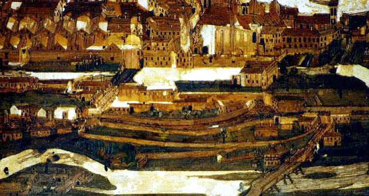 Výřez z intarzované veduty města, zachycující zahrady na předměstí Plešivec, okolo 1670, Zámek Č. krumlov, autor: anonym