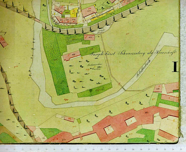 Zahrady v okolí zámku na výřezu z indikační skicy Stabilního katastru z roku 1826, MěU, autor: J. Langweil
