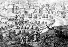 Výřez z veduty města Č. Krumlov od A. Langweila, zachycující městský hřbitov u sv. Martina  a bývalou jezuitskou zahradu, 1819, SOA, autor: A. Langweil 