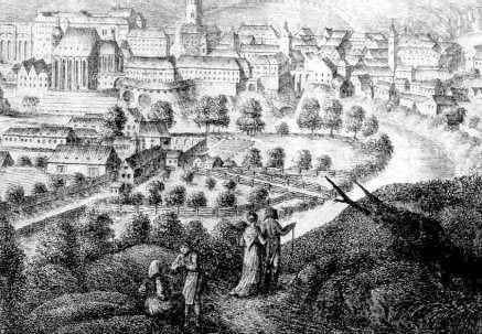 Výřez z veduty města Č. Krumlov od A. Langweila, zachycující městský hřbitov u sv. Martina  a bývalou jezuitskou zahradu, 1819, SOA, autor: A. Langweil