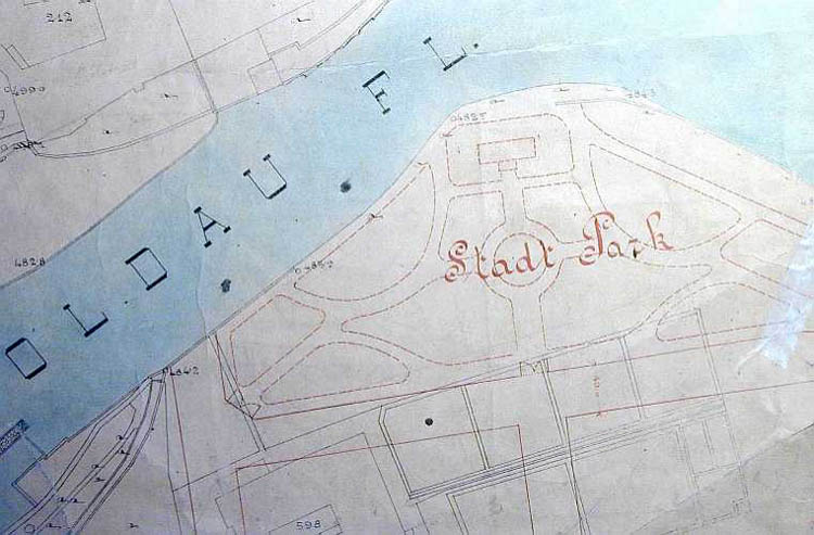 Cut out of regulation plan of town from 1896, catching draft of not realized park adaptation, 1896, SOkA, author: A. Nenning