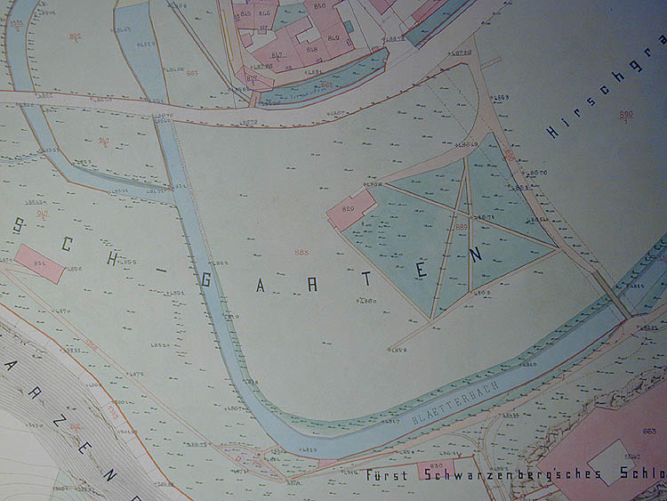 Ausschnitt des Regulationsplans der Stadt, der den mittleren Teil des Hirschgartens festhält, 1896, Staatliches Bezirksarchiv, Autor: A. Nenning