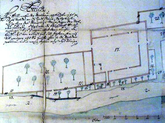 Ausschnitt aus dem Plan des linken Ufers der Vltava mit dem Gebiet des Neustädter Gartens und der Herrenbrauerei, Beginn des 18. Jahrhunderts, Staatliches Gebietsarchiv