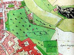 Výřez z indikační skicy Stabilního katastru z roku 1826, zachycující areál bývalého kláštera klarisek a jeho zahrady, 1826, MěU, autor:  J. Langweil 