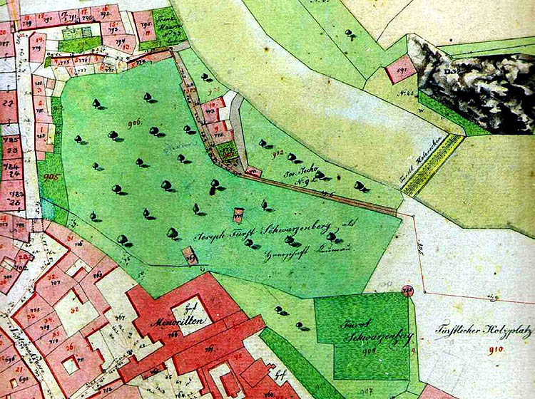 Výřez z indikační skicy Stabilního katastru z roku 1826, zachycující areál bývalého kláštera klarisek a jeho zahrady, 1826, MěU, autor:  J. Langweil