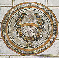 Horní no. 154, courtyard of Hotel Růže, coat-of-arms of the Jesuit order family